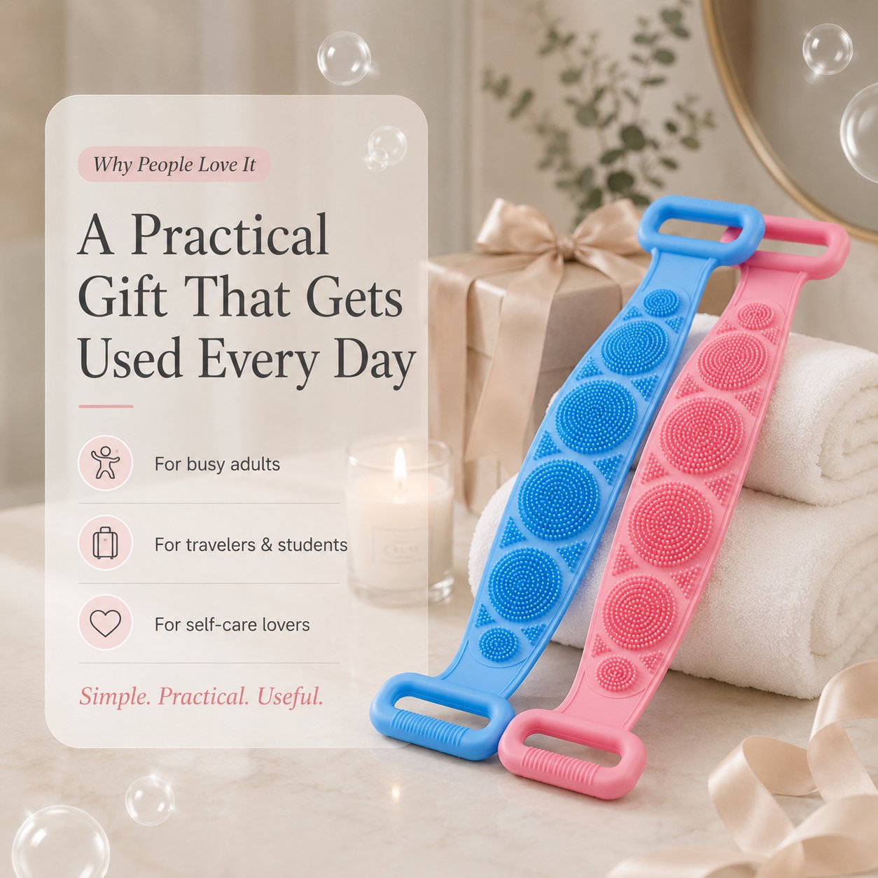 🛁 Double-Sided Silicone Back Scrubber-Easily exfoliate dead skin