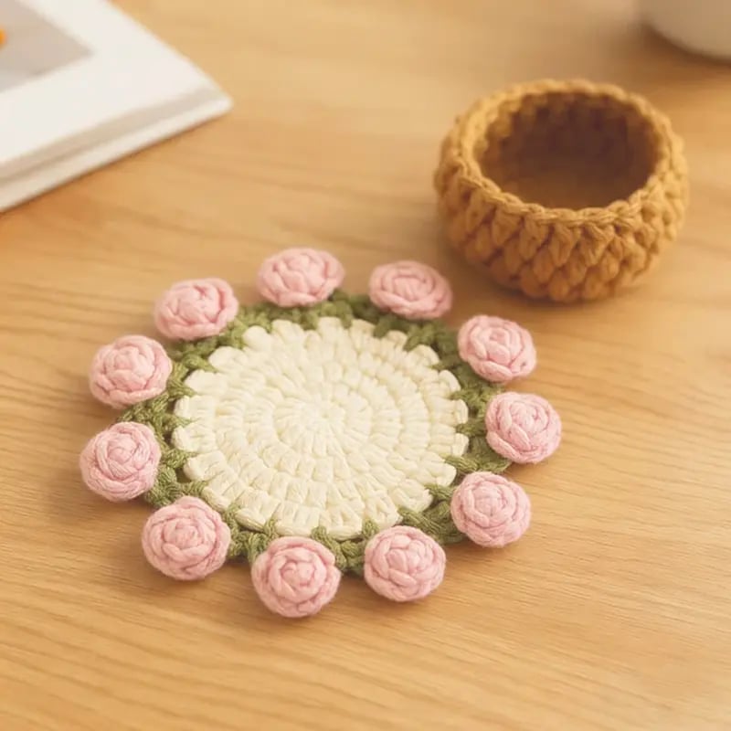 Handmade Crochet Flower Bouquet Coaster, Yarn Knitted Flower Cup Transform Bouquet, Mother's Day Gift, Gift for Mom Grandma, Valentine's Day Decor, Room Decor