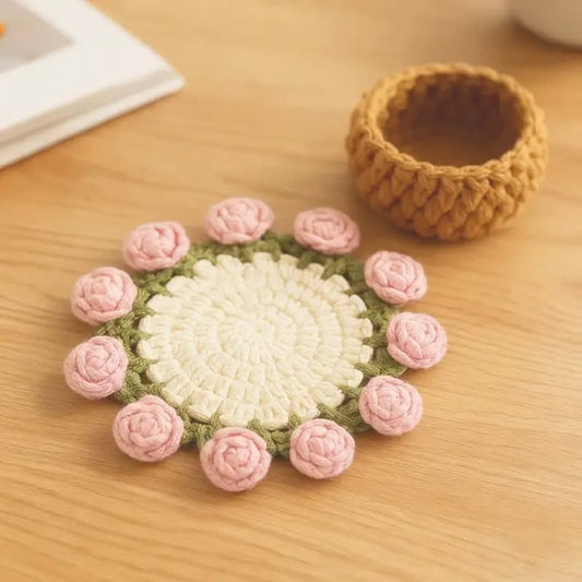 Handmade Crochet Flower Bouquet Coaster, Yarn Knitted Flower Cup Transform Bouquet, Mother's Day Gift, Gift for Mom Grandma, Valentine's Day Decor, Room Decor