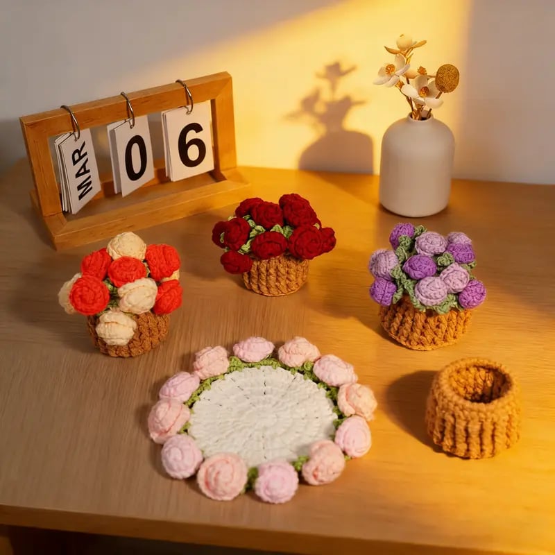 Handmade Crochet Flower Bouquet Coaster, Yarn Knitted Flower Cup Transform Bouquet, Mother's Day Gift, Gift for Mom Grandma, Valentine's Day Decor, Room Decor