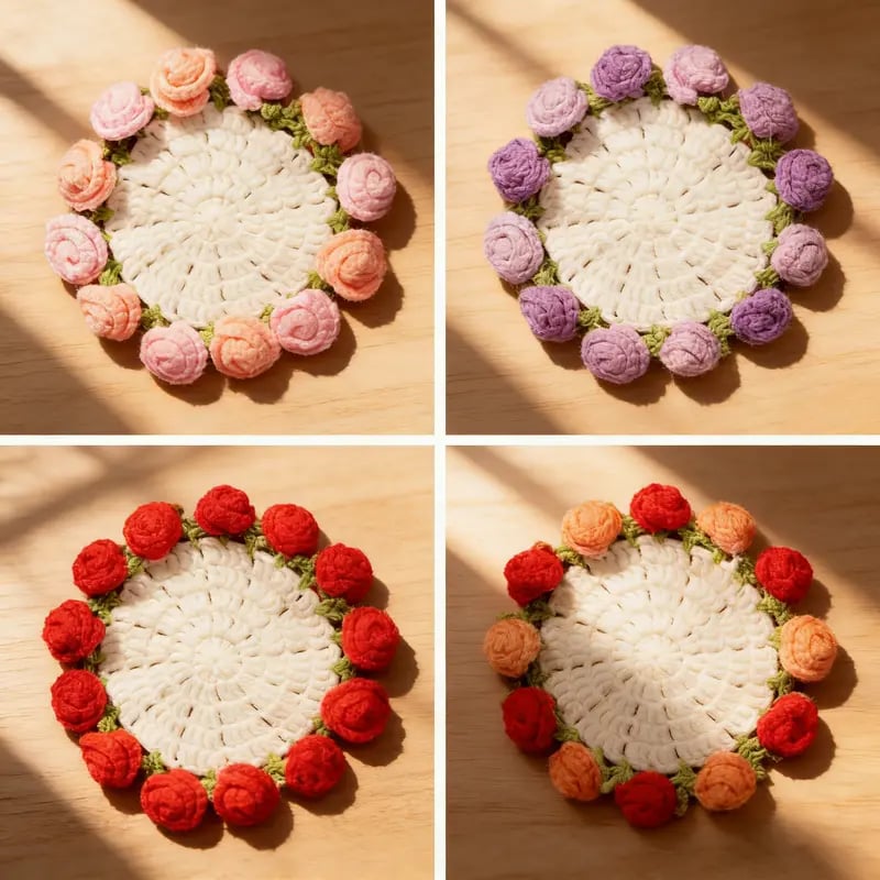Handmade Crochet Flower Bouquet Coaster, Yarn Knitted Flower Cup Transform Bouquet, Mother's Day Gift, Gift for Mom Grandma, Valentine's Day Decor, Room Decor